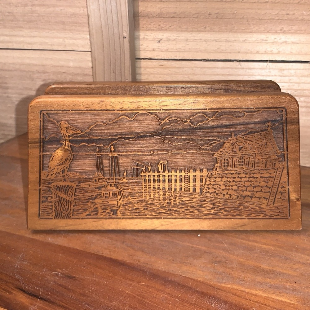 Vintage Laser Craft Carved Walnut Wood Letter Holder Pelican Harbor Made in USA